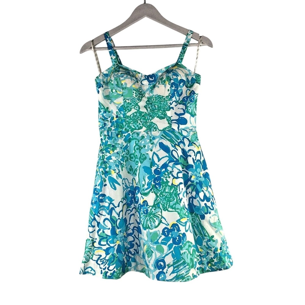 Lilly Pulitzer Mini Dress 0 Spaghetti Blue Floral Babydoll Straps Vacation Party